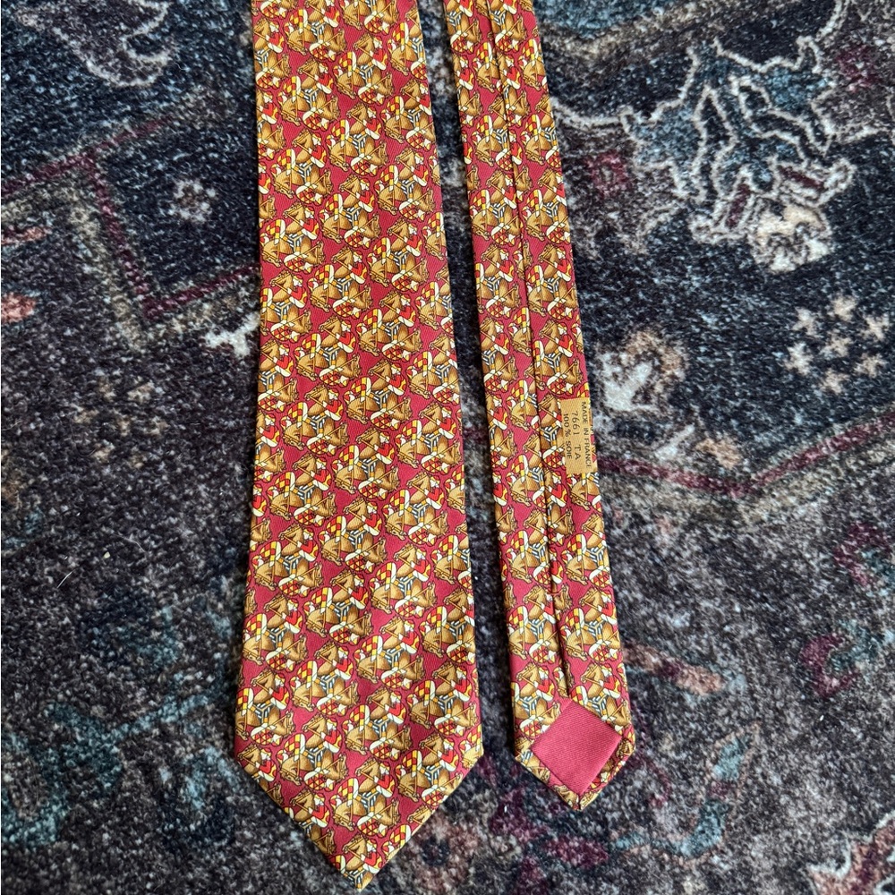 Vintage Hermes Red and Gold Horse Racing Men's Tie (7661 TA)